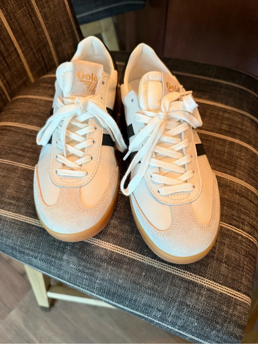 Gola White Sneakers with Black Stripes and Gum Sole